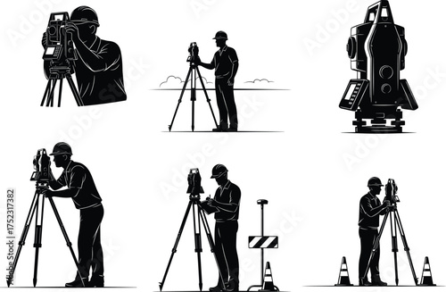 Surveyor silhouette illustration, tripod theodolite operator, outdoor construction site, hard hat worker, civil engineering measurement, black vector art, roadwork elements, cloud background