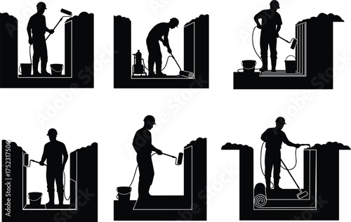 Waterproofing worker silhouette, applying protective coating to wall and floor, roller brush technique, construction safety, black and white vector illustration