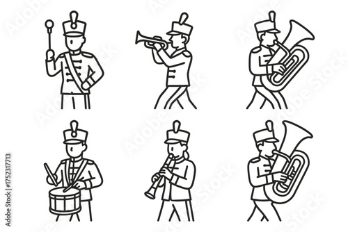 Marching band line art: diverse musicians playing instruments in uniform