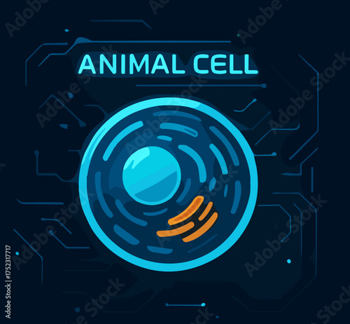 A glowing flat vector illustration of an animal cell in futuristic blue and orange hues, representing biological science and digital technology integration.