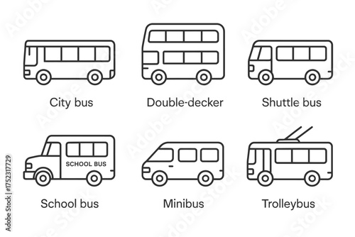 Outline illustrations of city, double-decker, shuttle, school, mini, and trolley buses