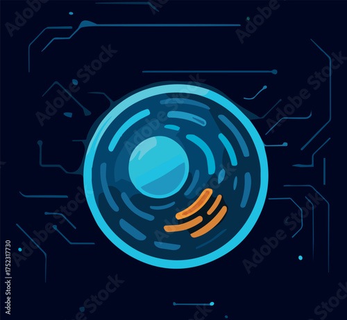 A glowing flat  illustration of an animal cell in futuristic blue and orange hues, representing biological science and digital technology integration.