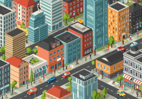 Isometric Cityscape Illustration with Buildings People and Vehicles.