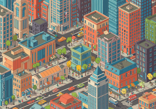 Isometric Cityscape Illustration with Colorful Buildings and Street Life.
