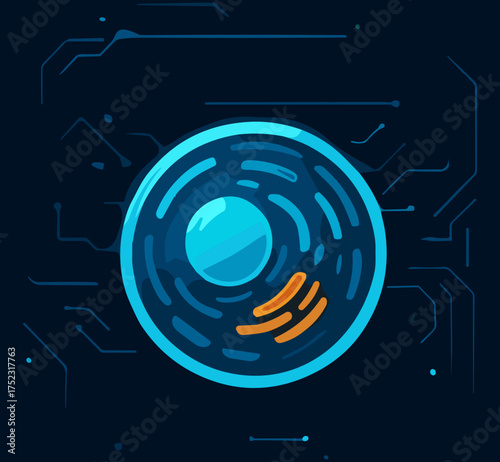 A glowing flat  illustration of an animal cell in futuristic blue and orange hues, representing biological science and digital technology integration.