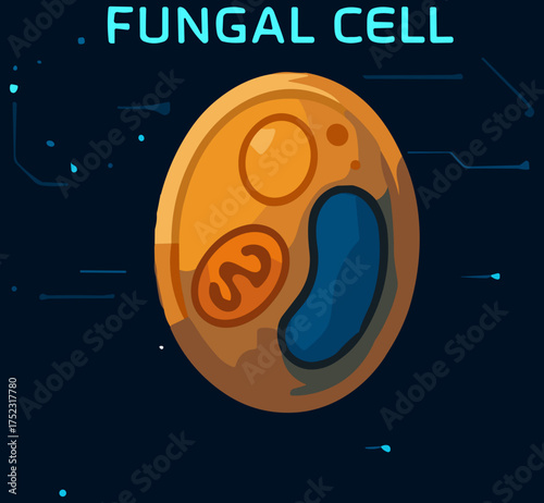 A flat illustration of a fungal cell in warm orange and blue tones, representing biological structure in a modern educational and futuristic style.