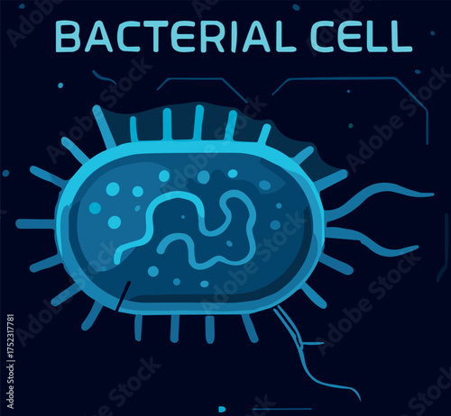 A modern flat vector illustration of a glowing blue bacterial cell with flagella, designed in a futuristic digital style for educational and scientific visuals.