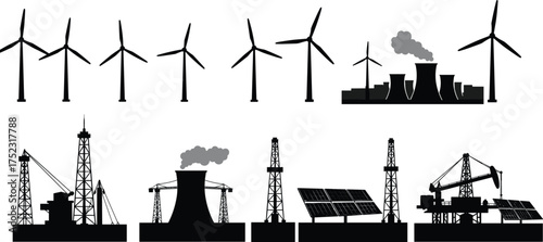 Energy production silhouette collection, wind turbines, nuclear power plant, oil rig, solar panels, pumpjack, fossil fuel, renewable energy, industrial vector illustration, environment