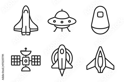 Spacecraft icon set featuring shuttle, ufo, capsule, satellite, and rocket designs