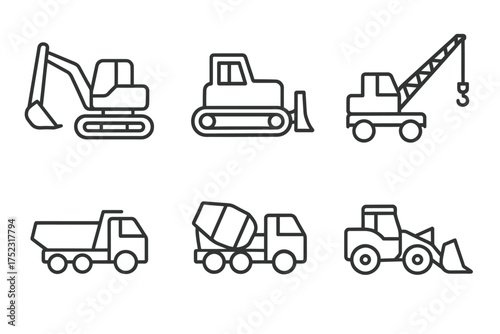 Outline icons of construction vehicles: excavator, bulldozer, crane, dump truck, cement mixer, tractor loader