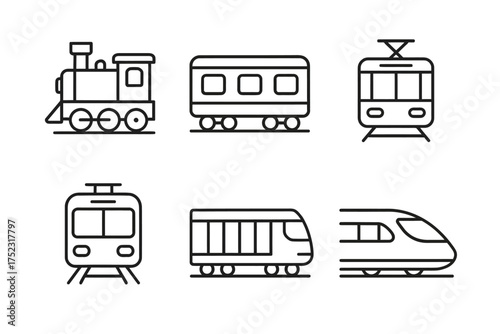 Train transportation icons: steam, tram, and high-speed train line art