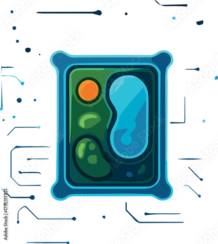 A detailed vector illustration of a plant cell in green and blue hues, featuring organelles within a glowing rectangular structure, ideal for educational and scientific visuals.