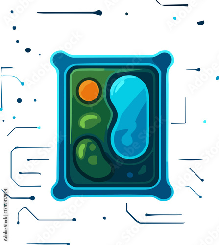 A detailed vector illustration of a plant cell in green and blue hues, featuring organelles within a glowing rectangular structure, ideal for educational and scientific visuals.