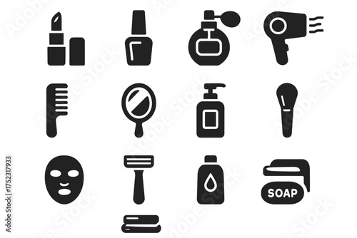Beauty and grooming icons: lipstick, nail polish, perfume, hair dryer, comb, mirror, lotion, makeup brush, mask, razor, shampoo, soap