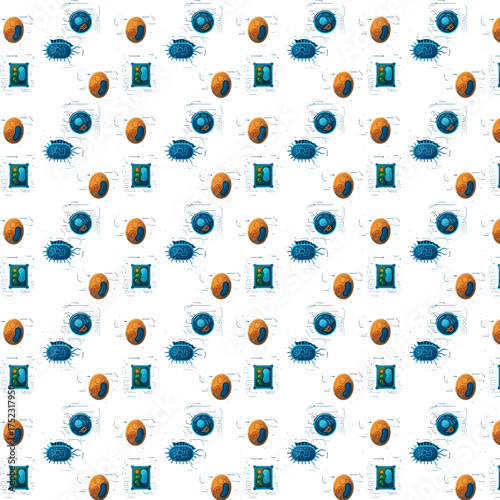 A seamless repeating pattern of scientific cell illustrations featuring plant, animal, bacterial, and fungal cells in a bright educational style on a white background.