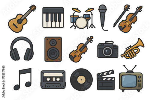 Collection of musical and media equipment icons featuring instruments and electronics