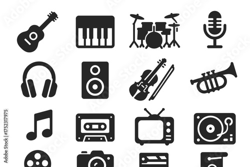 Music icon set featuring instruments and audio equipment symbols