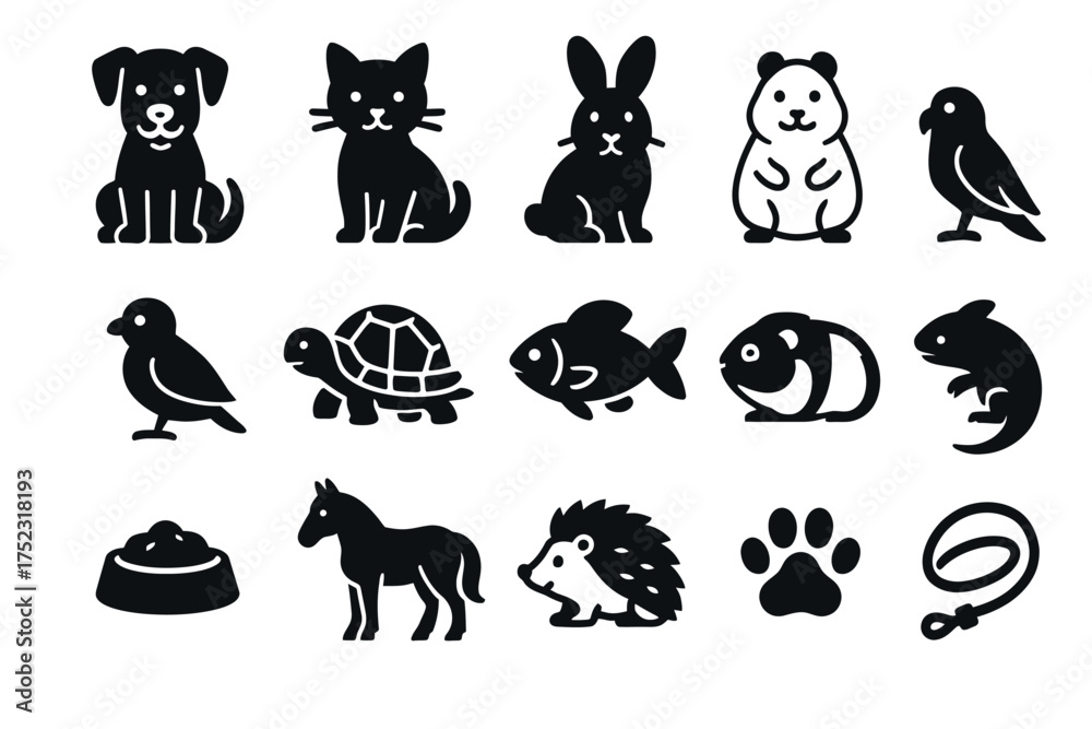 Fototapeta premium Silhouette icons of various pets: dogs, cats, birds, and more