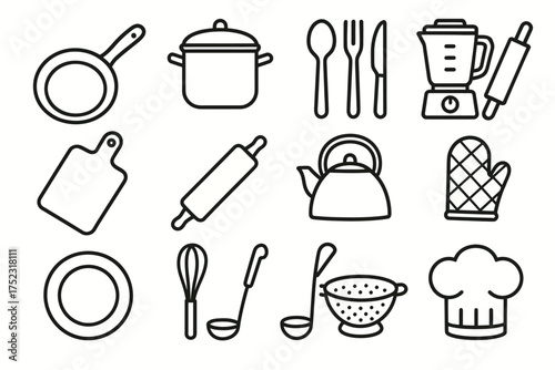 Kitchen utensils: pots, pans, cutlery, blender, rolling pin, kettle, oven mitt, colander, chef hat