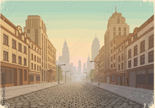 Vintage Cityscape Illustration with Cobblestone Street and Tall Buildings.