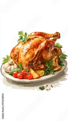 Roasted turkey garnished with fresh herbs and vegetables served on a white platter during a festive meal