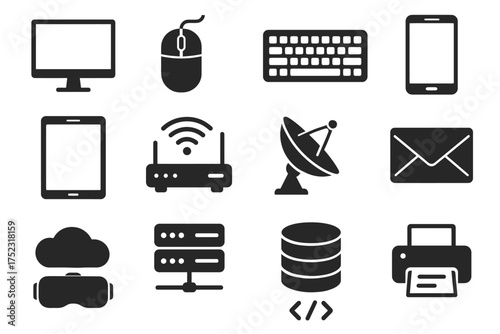 Technology icons: devices, cloud, communication, data, wireless symbols