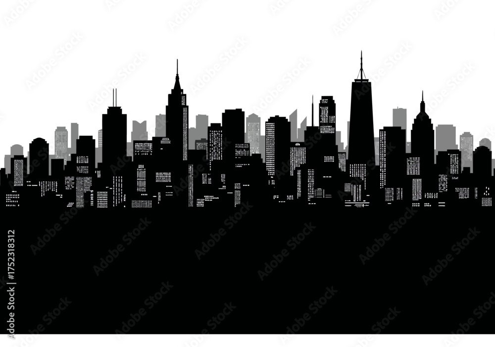 Fototapeta premium Black and White Cityscape Silhouette with Detailed Building Windows.