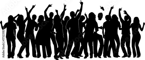 party people silhouette. this image shows a group of people in various dancing poses, depicted as black silhouettes symbolizing celebration and social unity. vector clipart illustration design