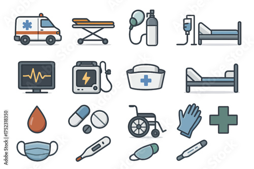 Medical equipment icons: ambulance, bed, monitor, pills, mask, wheelchair