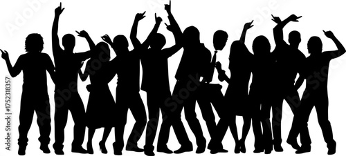 party people silhouette. this image shows a group of people in various dancing poses, depicted as black silhouettes symbolizing celebration and social unity. vector clipart illustration design