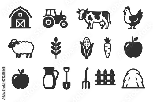 Farm icons: barn, tractor, livestock, crops, and tools collection