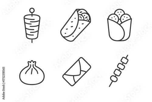 Line art icons of shawarma, burrito, dumplings, and skewered foods
