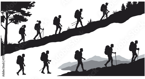 Hiking silhouette scene, mountain trail walkers, forest trekking group, outdoor adventure illustration, nature exploration design, flat vector illustration