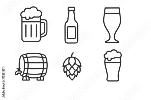 Outline icons of beer mug, bottle, glass, barrel, hops, and pint with foam