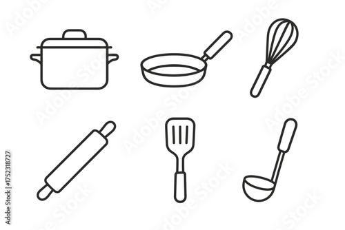 Line icons of kitchen tools: pot, pan, whisk, rolling pin, spatula, ladle