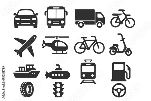 Silhouette icons of various transportation modes and infrastructure elements