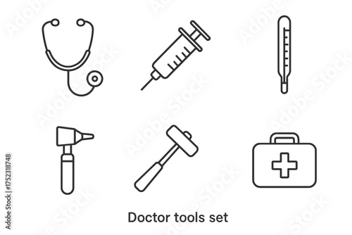 Doctor tools set: stethoscope, syringe, thermometer, otoscope, reflex hammer, first aid kit
