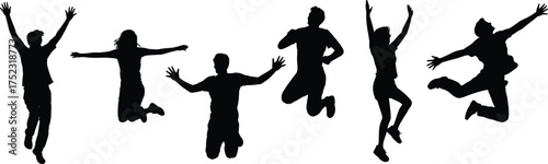 Jumping people silhouette set, energetic human poses, active lifestyle vector icons, expressive movement graphic, sports action illustration, flat vector illustration
