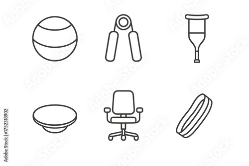 Collection of fitness and office equipment icons in minimalist line art style