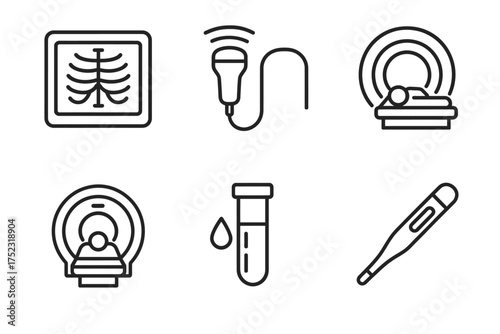 Medical equipment icons: x-ray, ultrasound, mri, test tube, thermometer