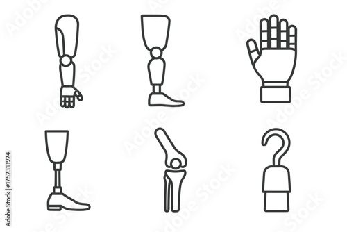 Prosthetic limb icons set: arm, leg, hand, joint, hook