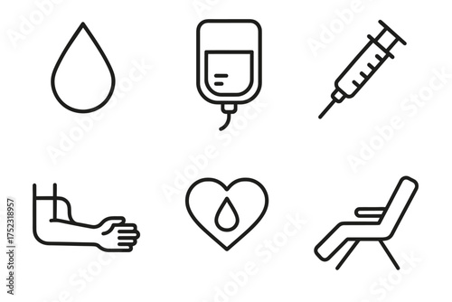 Blood donation icons: drop, bag, syringe, arm, heart, recliner