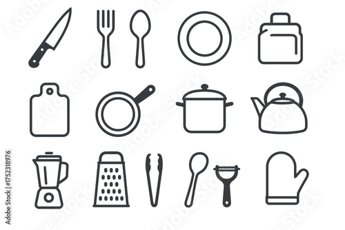 Collection of kitchen utensil icons including knife, fork, spoon, and blender