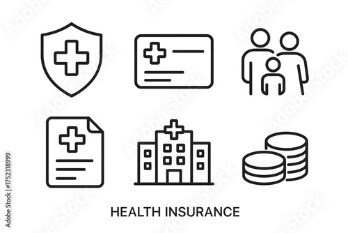 Health insurance symbols: shield, card, family, document, hospital, coins