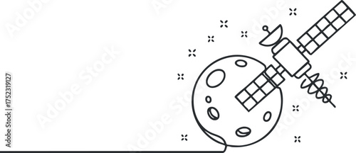 Illustration of a satellite orbiting a planet with a simplistic design and line art style.