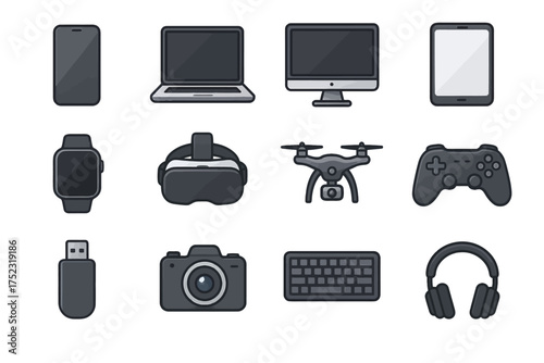 Collection of modern electronic devices: gadgets including laptop, smartphone, and game controller