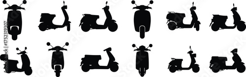 Scooter silhouette collection, front side rear views, urban transport icons, black motorbike shapes, mobility vehicle set, flat vector illustration