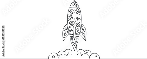A whimsical rocket illustration launching into space surrounded by clouds and stars.