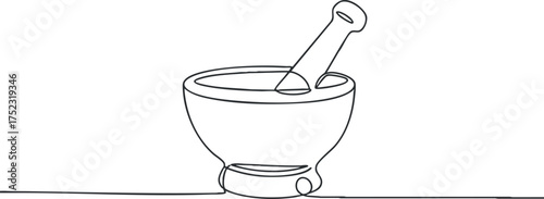 A minimalist line art illustration of a mortar and pestle used for grinding ingredients.