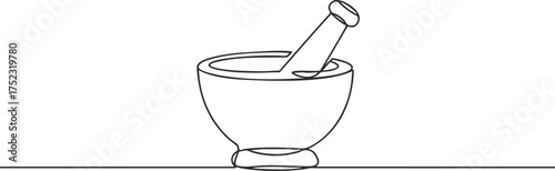 A minimalist line art illustration of a mortar and pestle used for grinding herbs and spices.